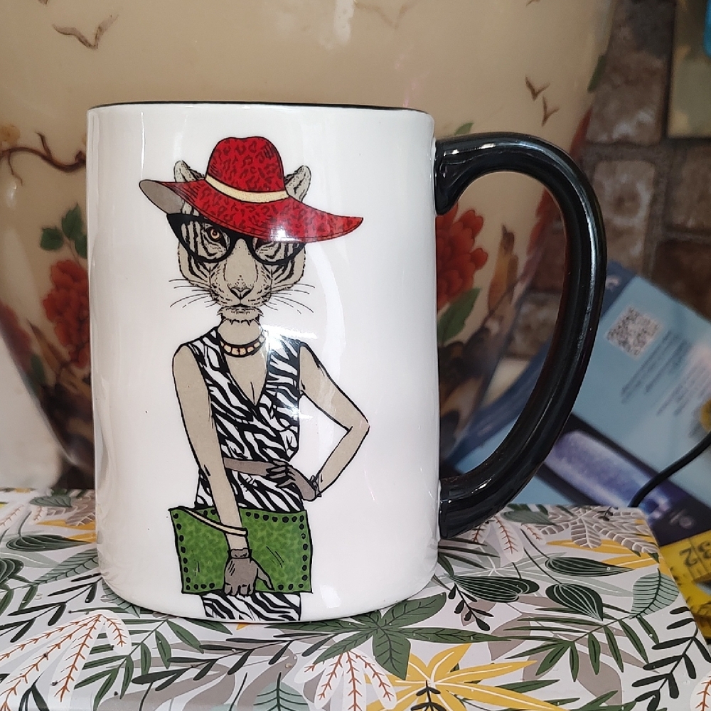 Signature BrandStylish Cat Mug with Red Hat and Green Purse EC